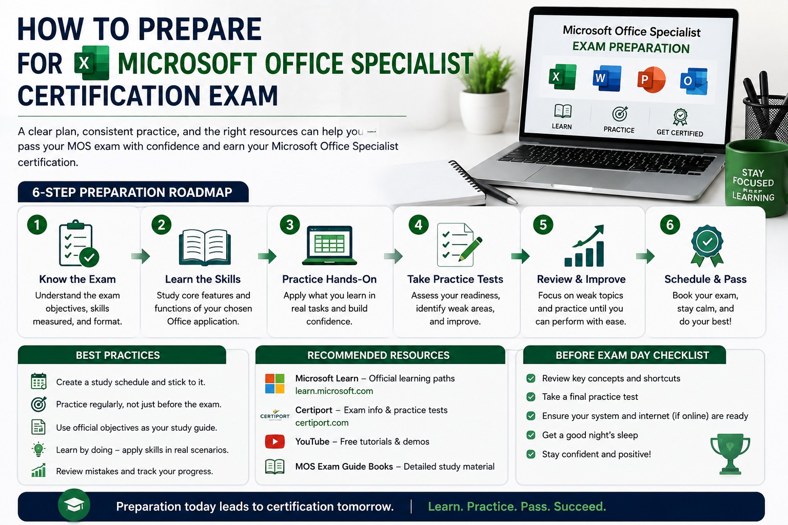 Six-step preparation roadmap for a Microsoft Office Specialist exam